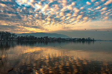 View to the lake Pamvotis in Ioannina city at sunset.Greece
