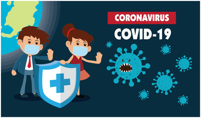 Vector cartoon hero character fighting with virus. COVID-19 Novel Coronavirus illustation.