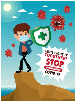 Vector cartoon hero character fighting with virus. COVID-19 Novel Coronavirus illustation.