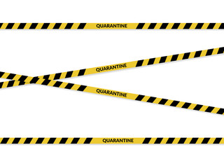 Isolated yellow tapes with quarantine sign on it. Coronavirus pandemic area.