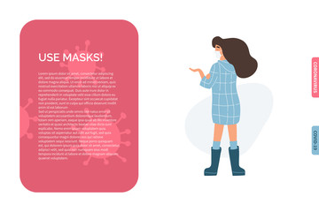Woman wearing protection from virus. Young girl with medical masks to prevent disease, flu, air pollution, contaminated air, world pollution. Vector illustration in a flat style