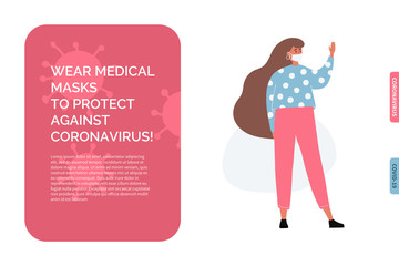 Woman wearing protection from virus. Young girl with medical masks to prevent disease, flu, air pollution, contaminated air, world pollution. Vector illustration in a flat style