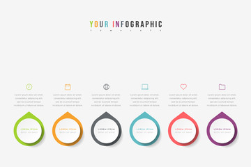 Vector timeline infographic with 6 pointers, steps or processes. Colorful template design.