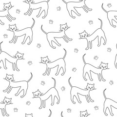 Seamless pattern of outlines of cats on a white background. Vector Wallpaper background.