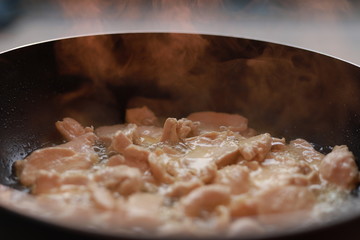Oil fried pork in a frying pan.