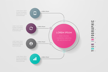 Infographics business process with 4 steps or options circles. Data visualization. Can be used for workflow layout, diagram, banner, web design. Vector illustration.