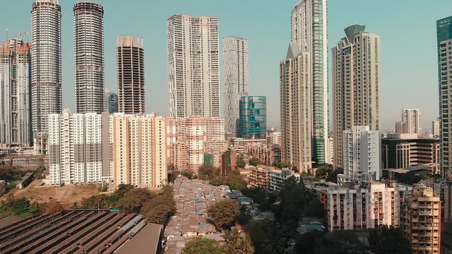 Modern City high rise skyscraper buildings. Aerial drone view of the Financial District in Mumbai. Daytime Mumbai City, India