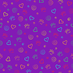 Seamless pattern of paw trace elements heart ornament. Background Wallpaper for children's clothing packaging design. The concept of love for animals.
