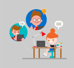 Online education concept illustration. Student studying at home via internet. Kids with laptop chatting with their friends. Online webinar meeting. vector cartoon in flat design style.