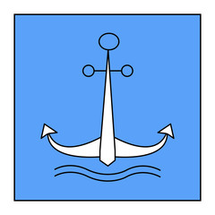 Vector icon of a sea anchor on a blue square background.