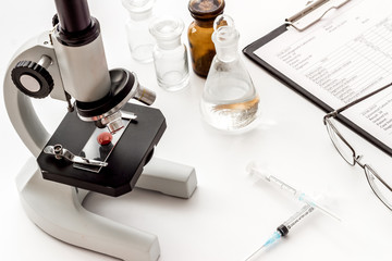 Laboratory examination with microscope. Equipment with blood sample on white background
