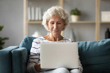 Fototapeta na wymiar Satisfied mature woman using laptop sitting on cozy couch at home, looking at screen, chatting or shopping online, using services in internet, focused older senior female reading email