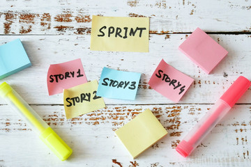 software scrum agile board with paper task, agile software development methodologies concept	