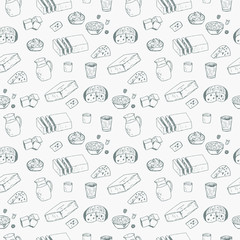 Seamless pattern dairy products, vector illustration, butter, milk, cottage cheese, cheese, cream, yogurt and berries, hand drawing, gray color