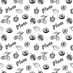 Plums, plum halves with seeds, twigs and leaves, lettering, seamless pattern, vector illustration, hand drawing