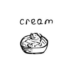 Cream in a bowl and lettering, sketch, vector illustration, hand drawing