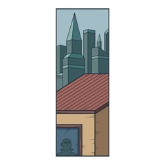 Cityscape of skyscrapers. House roof, male character in the window.
