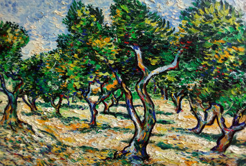 hand drawn original impressionism masterpieces painter art  oil painting  view  olive tree   thailand  abstract background modern by  van gogh