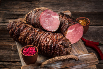 Traditional food. Smoked ham meat natural product from organic farm