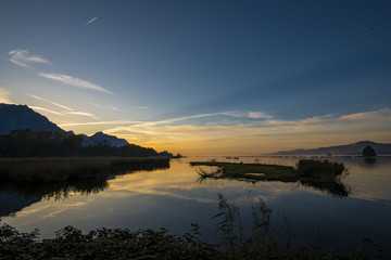sunset on leman lake from the Grangettes reserve 