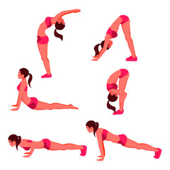 Set of colored vector silhouettes of slim woman in costume doing fitness workout in different position. Active and healthy life concept.