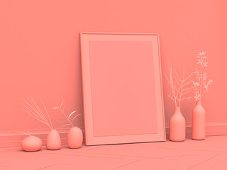 Interior poster mock up with vertical empty frame standing on floor, in monochrome single color pink room with vases, 3D rendering.