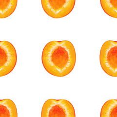 seedless apricot half - seamless pattern isolated on white background. Square raster with apricot pulp. Seamless print in realistic style.