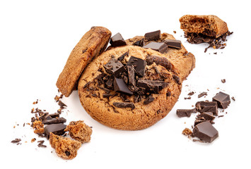  Butter Chocolate chip cookies isolated on white background. Homemade choco cookies .