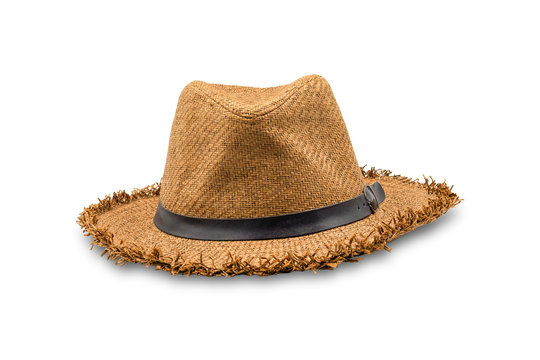 Straw beach sun hat fashion summer for men isolated on white background with clipping path. Vintage-style classic brown color. Beautiful and helps protect the sun.