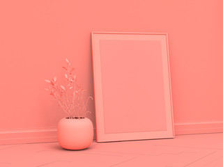 Flat single color Side view of vertical poster frame on the floor in a monochrome pink room, 3d Rendering