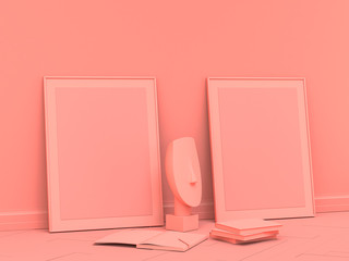 2 vertical empty poster frames on the floor in solid, single pink color room with books and pens, 3d Rendering, side view