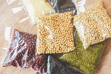 Cereal beans legumes peas lentils in package product dry food with sesame soybean black eye pea mung and red bean , non perishable food