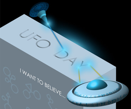 Flying saucers, spaceships burn out with a laser the inscription UFO Day. Illustration, isolated vector