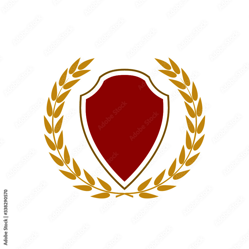 Sticker Golden shield with golden laurel wreath icon isolated on white background