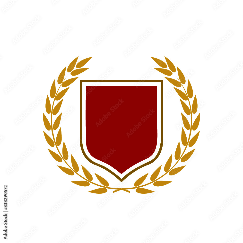 Sticker Golden shield with golden laurel wreath icon isolated on white background