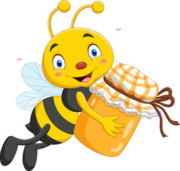 Cartoon little bee holding honey jar