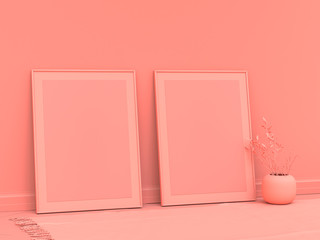 2 vertical poster frames on the floor in solid, single pink color room with vase, 3d Rendering, side view