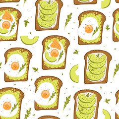 Materiał do szycia Avocado toast. Cute seamless pattern. Healthy breakfast. Can be used like pattern for textile, greeting cards, posters, fabric or wallpaper.