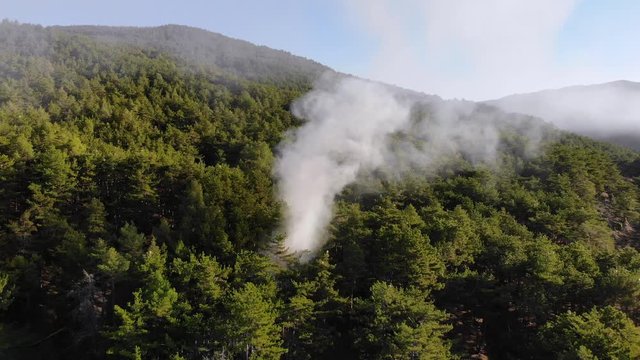 Aerial view of forest fire and smoke. Drone moving backwards.