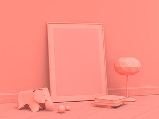 Single color vertical poster frame on the floor in a monochrome pink room with floor lamp, 3d Rendering.