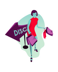 vector Illustrations shopping discount, girl shopping enthusiastic