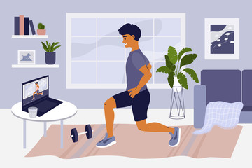 Stay home, keep fit and positive. Man doing exercise on laptop. Online training, gym at home, sport, internet fitness workout. Healthy lifestyle. Coronavirus quarantine isolation. Vector illustration.
