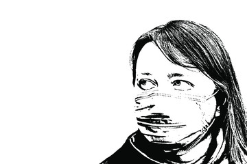 Portrait of a woman in a medical mask, looking away. Sad girl with long hair during quarantine. Black and white graphics isolated on a white background. Vector illustration