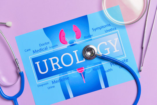 Paper sheet with text UROLOGY, stethoscope and urine sample on color background