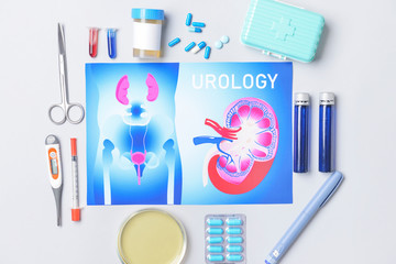 Picture of urogenital system, medicines and urine sample on white background