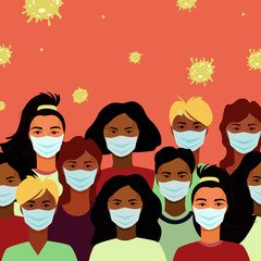 Coronavirus quarantine. People in crowd with white medical face mask. Covid-19 pandemic. Vector illustration. 