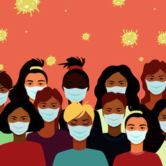 Coronavirus quarantine. People in crowd with white medical face mask. Covid-19 pandemic. Vector illustration. 