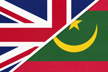 United Kingdom vs Mauritania national flag from textile. Relationship between two European and African countries.