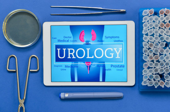 Tablet computer with text UROLOGY on screen, urine and blood samples on color background
