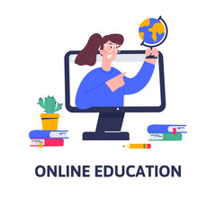 Video course, distance education, web seminar, internet class, personal teacher service with female mentor. Vector flat characters in trendy style